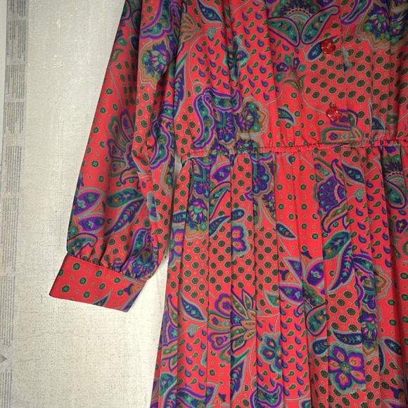Vintage Serben Red Paisley Print Modest Long Sleeve Dress | Size: 12 - Picture 6 of 15